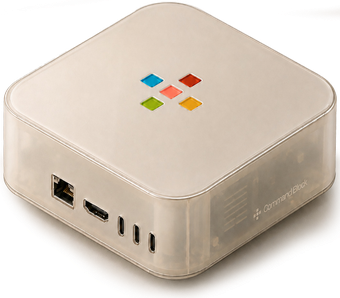 The Command Block device, a compact beige compute module.